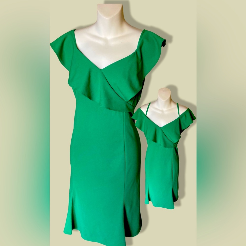 Body con ruffled bottom and top off the shoulder green dress